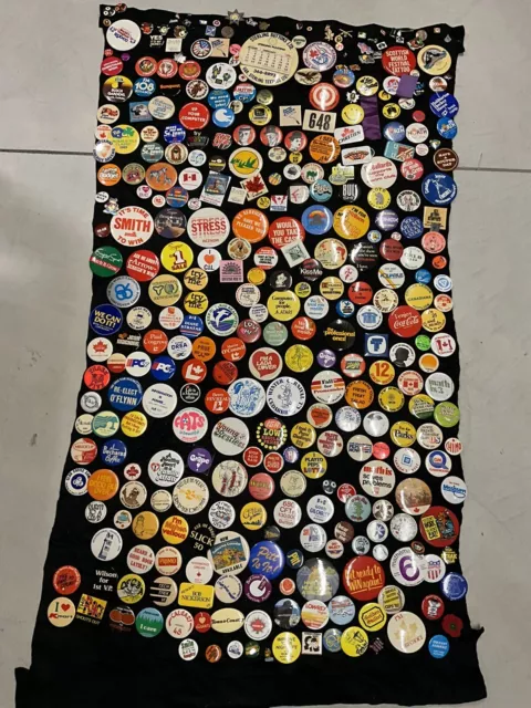 Lot of 400++ Vintage Pins Pinback Buttons 1970s 1980s Political Canada On Felt