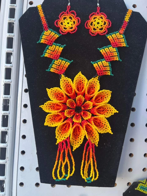 huichol beads, 3pcs mexican women's necklace big-flower set,  chaquira beaded