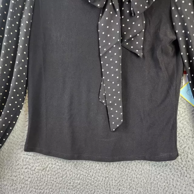 CeCe Mixed Media Bow Neck Knit Top Womens XS Rich Black Polka-Dot Long Sleeve~ 2