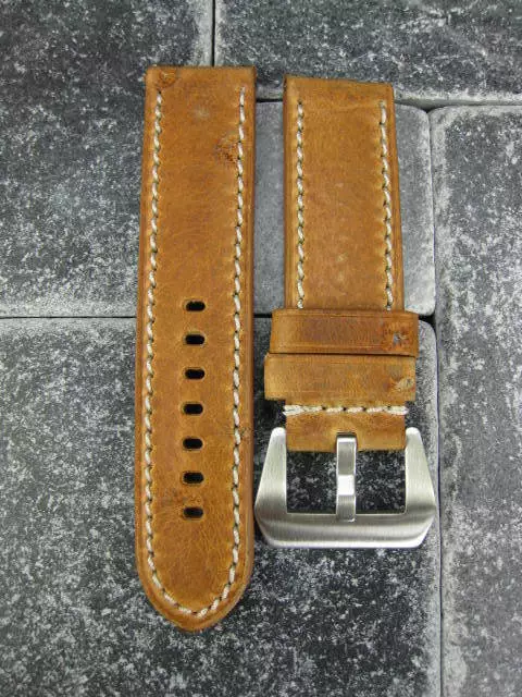 22mm NEW MOON COW LEATHER STRAP Watch Band White Stitch for PANERAI Brown WH