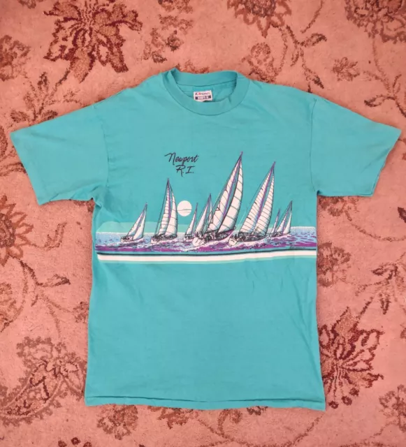 Vintage 90s Hanes Beefy NEWPORT RHODE ISLAND Boat Wrap Around Tee Shirt US Large