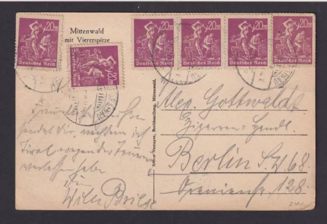 German Reich postcard Mittenwald Bavaria Infla MEF 20 brand worker