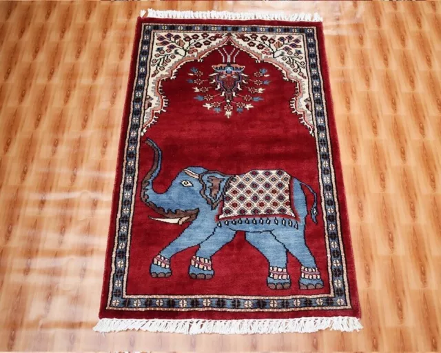 Tapis de sol traditionnel éléphant de couleur rouge noué à la main 2 x 3 en...