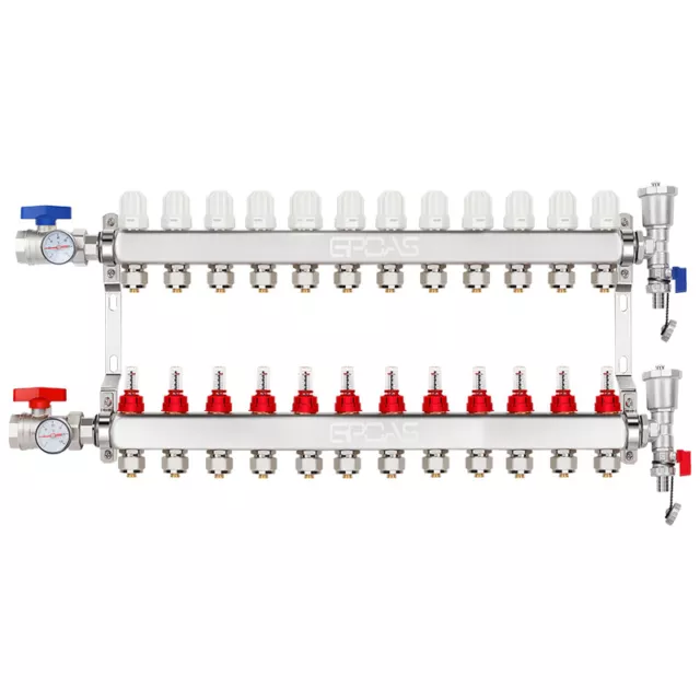 12-Loop /Branch Radiant Floor Heating Manifold 304 Stainless Steel for 1/2" PEX