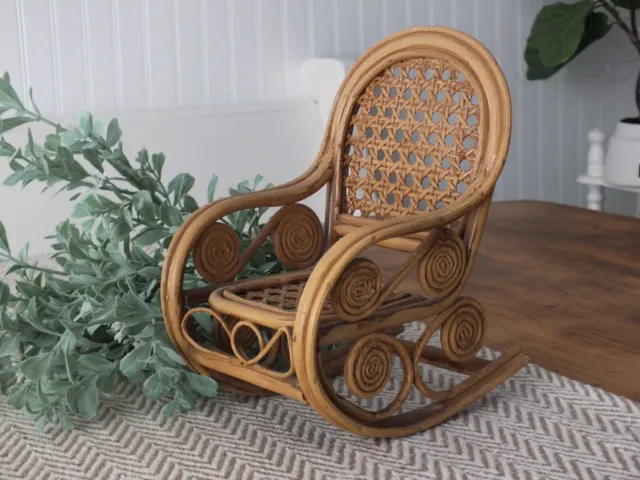 Boho Bentwood Rocking Chair Plant Stand Doll Chair Fairy Rattan Caned Wicker