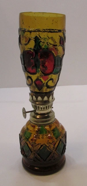 1970's Sailboat Brand Amber Stained Glass Miniature 9" Kerosene Oil Lamp FREE SH