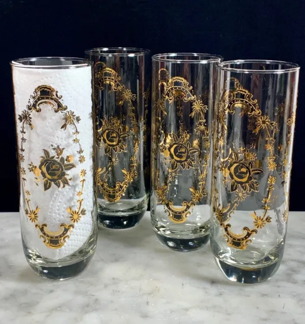 Vtg Cocktail Glasses Gold Floral Hollywood Regency Highball Tom Collins 7” tall