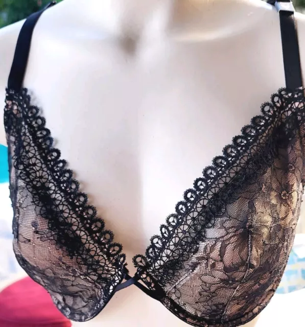 Victorias Secret Rare Vintage bra 🦋 Black Lace Sheer Plunge 36DDD Unlined