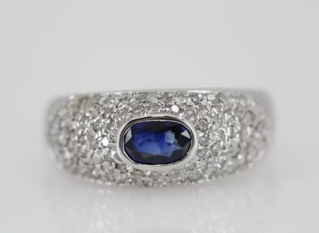 14k White Gold 1.50 TCW Blue Sapphire & Pave Set Diamond Dome Ring Sz 8.5 - 5.2g