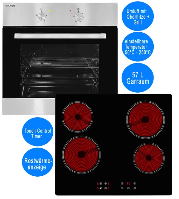 exquisit Einbau Herd Set Backofen Umluft Glaskeramik-Kochfeld autark Timer