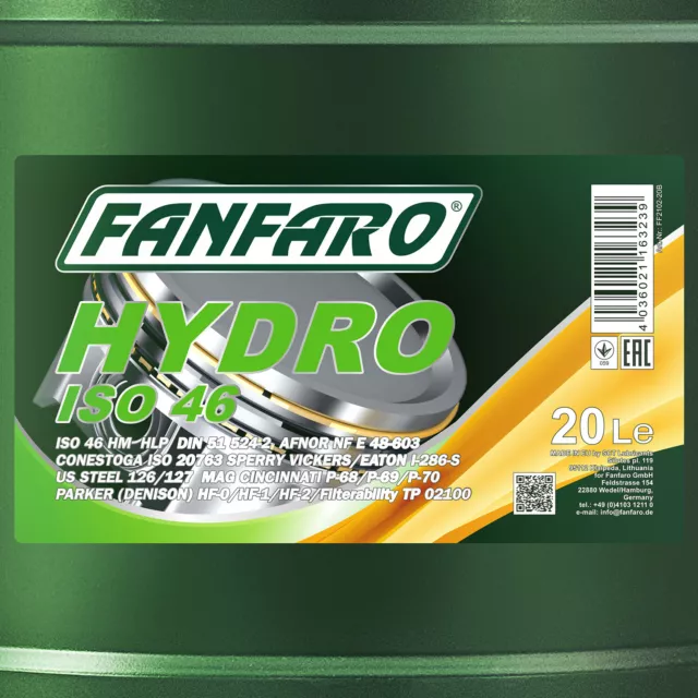 Bidon de 20 L litres Fanfaro Central huile hydraulique Hydro ISO HLP 46 huile industrielle 2