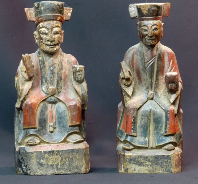 F3 chine Qing 19èm paire statuettes sculptures moine bois polychrome 23c bouddha