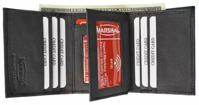 Mens Trifold Genuine Leather Wallet RFID Blocking Black New Marshal Wallets!