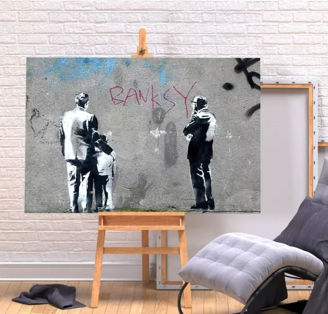 Banksy Gallery Art View -Deep Framed Canvas Wall Art Graffiti Print- Grey Black