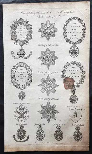 1798 William Henry Hall Antique Heraldry Print of Orders of Knighthood, Garter..