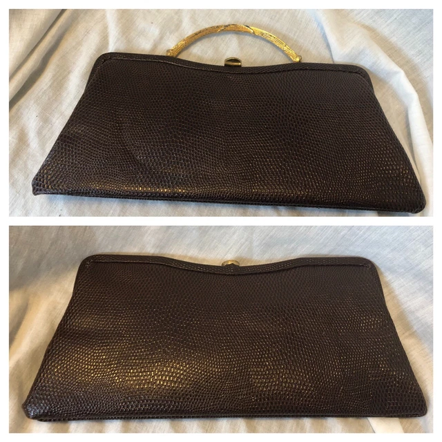Vintage 50s Bag Admiral Brand Leather Lizard Clutch Bamboo Metal Handle  12x5.5"