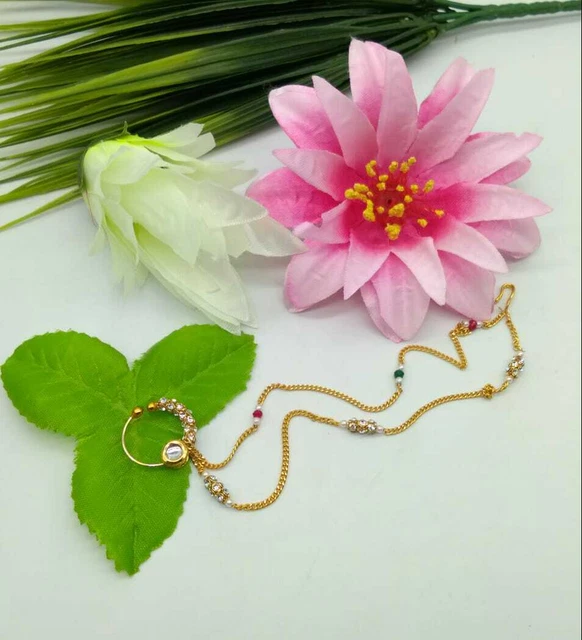 Bollywood Indiano Sposa Gioielli Oro Naso Anello Placcato Nath Polki Catenina