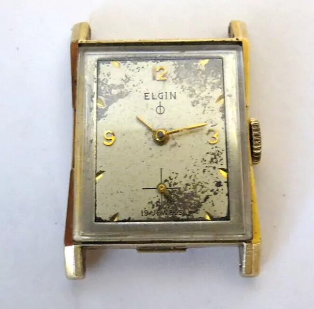 Vintage Mens Rectangular Usa Elgin 772 Manual Wind 19'J 10K Gold Plate Bezel Run