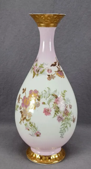 Klingenberg Limoges Pink & Purple Floral Raised Gold Pink 11 3/4 Vase 1900-1910