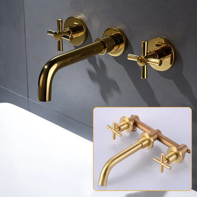 Wall Mount Antique Brass Bathroom Basin Sink Tub Faucet Dual Handle Mixer Tap