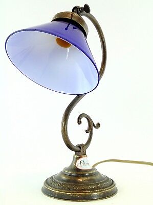 Lampada ottone brunito da tavolo,studio in stile ministeriale vetro blu s29 2