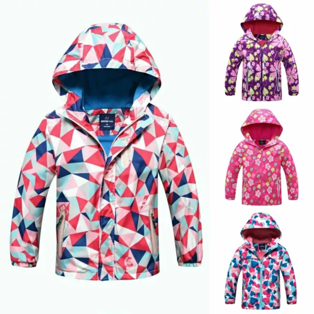 Girls Waterproof Kids Rain Coat Hooded Fleece School Lined Jacket Age 3-10 Yrs