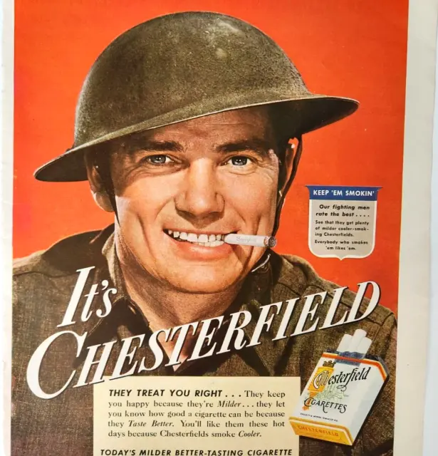 WWII Soldier Chesterfield Vintage 1941 Smoking Cigarette Ad Magazine Print