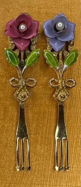 Rare VTG Enamel Flower Gold Plated Appetizer Forks