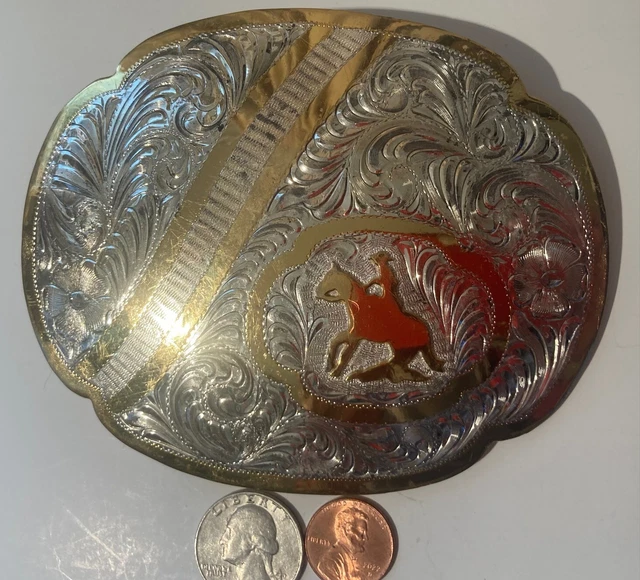 Vintage Metal Belt Buckle, Silver and Brass, Cowboy On Horse, Big Size, Nice Wes