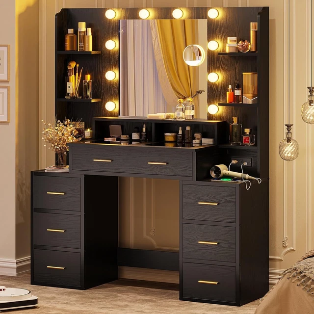 LED MAKEUP VANITY Desk Glass Top Vanity Table with Compartment Drawers