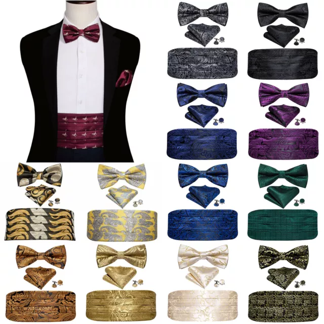 Navy Blue Paisley Mens Cummerbund Silk Bowtie Pocket Square Cufflinks Set Party