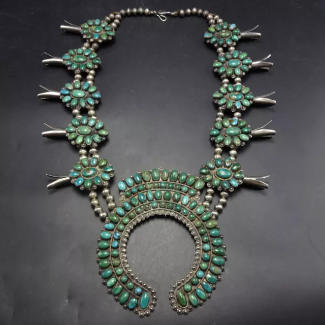 c1930s OLD PAWN Navajo TURQUOISE CLUSTER Sterling Silver SQUASH BLOSSOM NECKLACE