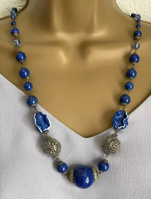 Art Deco Czech Neiger Brothers Lapis Lazuli Glass Filigree Beaded Necklace