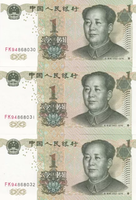 Chine suite de 3 billets de 1 yuan de 1999 TTB