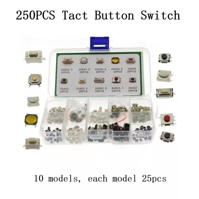 250 X/Set Taktiler Drucktastenschalter Micro Momentary Tact SMD 10 Value Kit