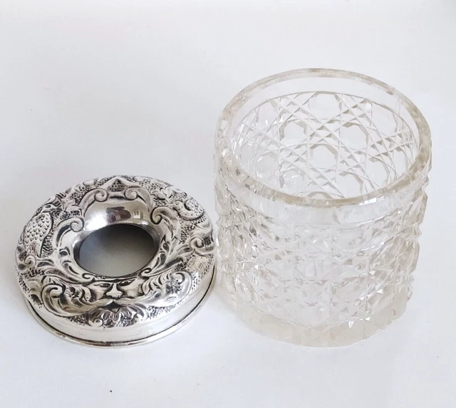 Sterling Silver Top Hobnail Glass Hair Storage Jar Chester C 1910