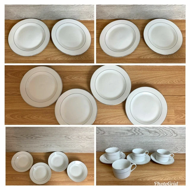 Juego de comedor de 19 piezas blanco con borde plateado falta 1 platillo
