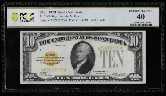 SC 1928 $10 Gold Certificate PCGS 40 Fr.2400 Extremely Fine (799A)