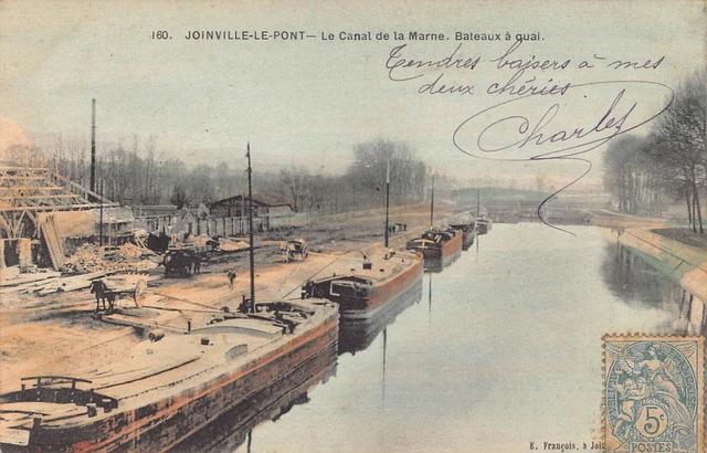CPA Dept 94 Val de Marne - Joinville le Pont Canal de la Marne Boats at the Dock