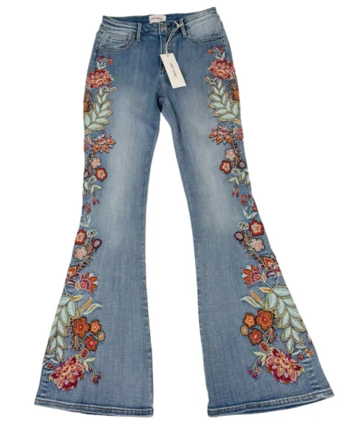 Free People Driftwood Jeans 26 Coastal Cowgirl Embroidered Bell Bottom Flare