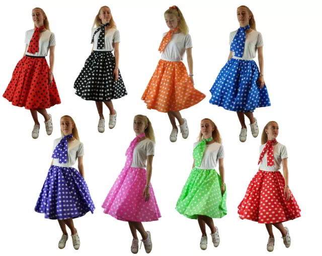 Ladies Polka Dot Rock N Roll Skirt Scarf Hen Party Outfit Fancy Dress Costume