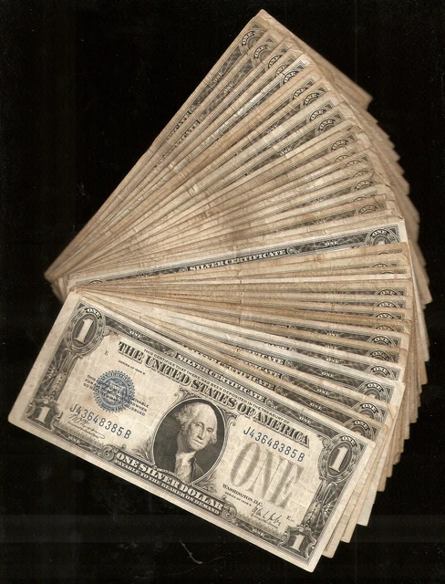 (50) 1928 & 1934 $1 One Dollar Us Silver Certificate "Funnyback" Notes Vg-F
