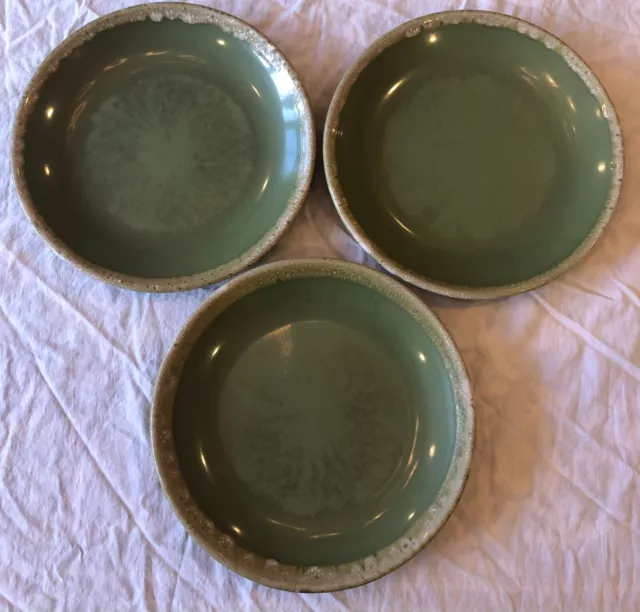 3 Hull Pottery Stoneware Avocado Green Drip Dinner Plate Oven Proof USA 10.5"