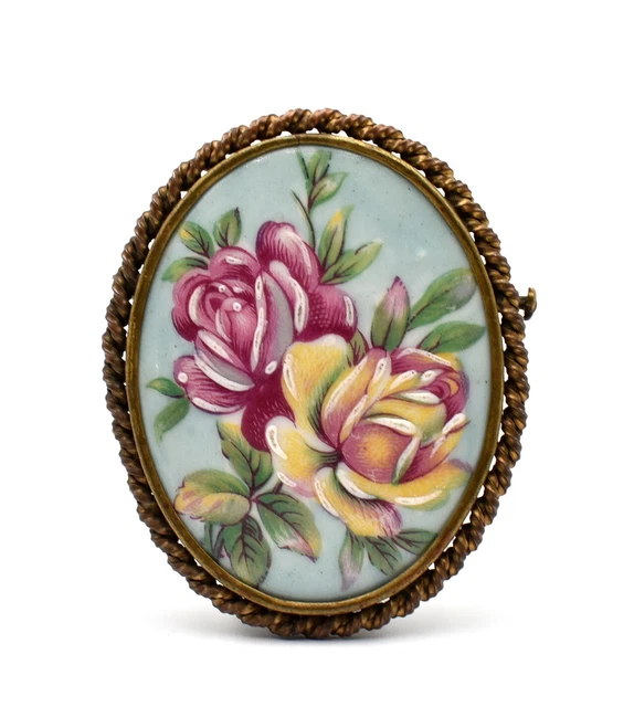 Jolie Broche Vintage En Laiton Peint Fleurs, Signée Suzy - Début Du 20ème Siècle, Occasion