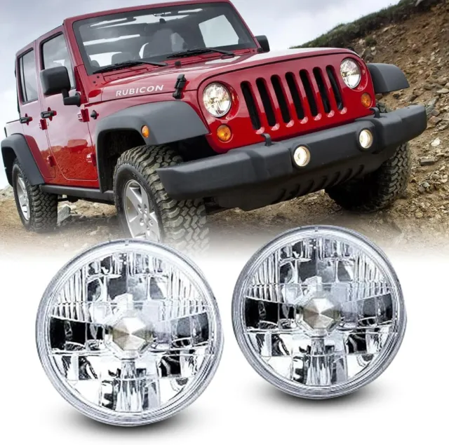 Universal 5" Round Conversion Headlights Replacement Chrome Clear Glass Lens