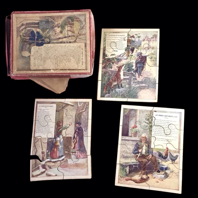 Lot De Puzzles Anciens - Les Fables De La Fontaine (Loup, Agneau, Cigale) - Jeu éducatif Vintage