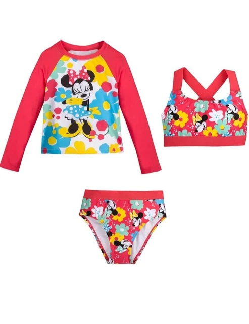 Disney Store Minnie Mouse Rash Guard  Deluxe Swimsuit 3 pc UPF 50+ sz 10 NWT