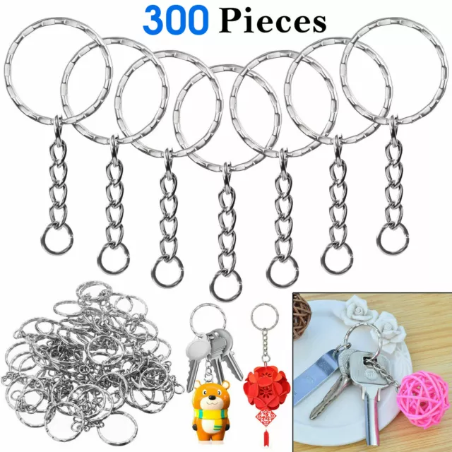 300Pcs Keyring Split Rings With 4 Link Chain Blanks Tone Personalised Key Chains
