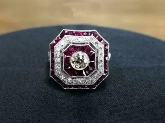2.34 Carat Round Cut Lab-Created Diamond Hexagon Style 1920's Old Vintage Rings