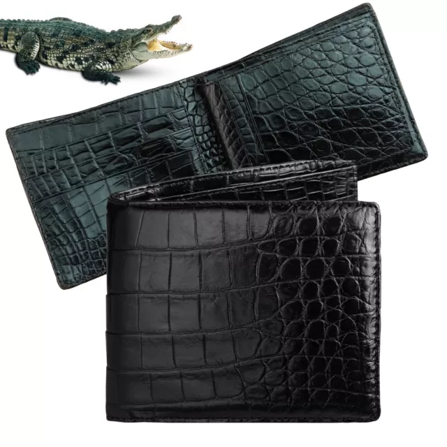 Black Mens Wallets Bifold Leather Crocodile Double Side RFID Blocking Gift Men